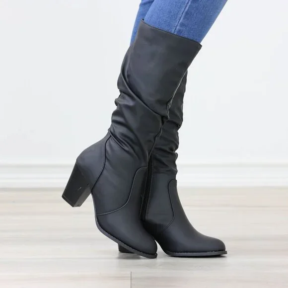 Black Mid-Calf Boots Faux leather Side Zip Block Heel Slouched Shaft - Picture 4 of 15